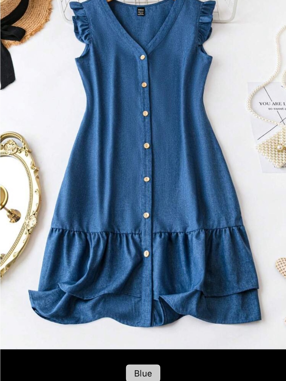 Blue women’s  Button-Front Ruffle Hem Dress